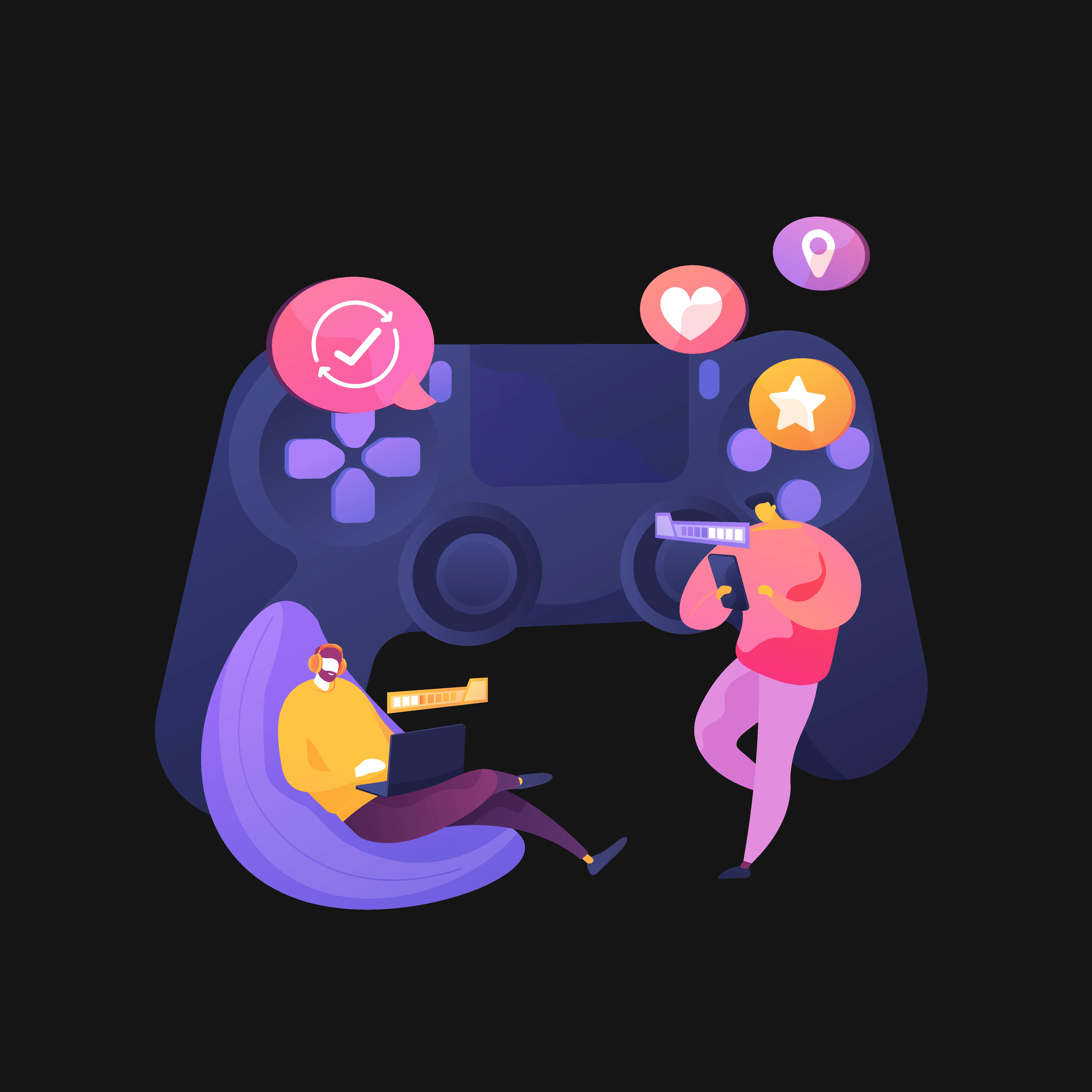 Two people playing together on a laptop and a phone in front of a giant game controller